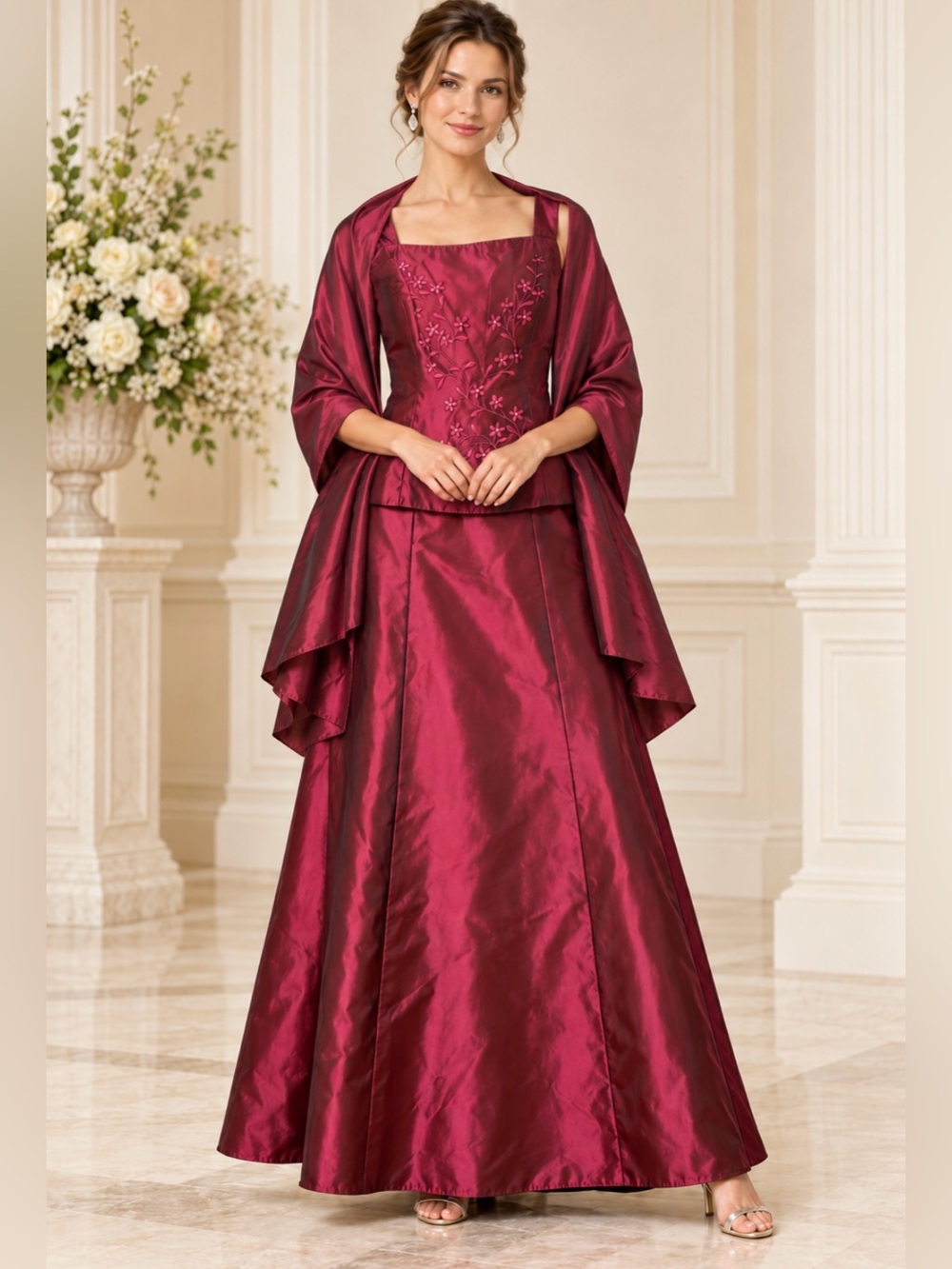 Jessica McClintock Burgundy Embroidered Top Long Skirt Set Size 4